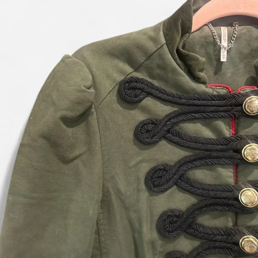 Free People Army Green Military Jacket XS Braided Trim Victorian Cotton